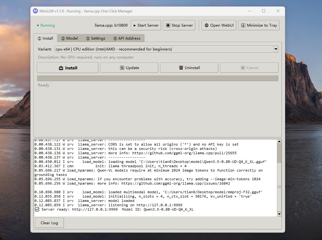 MiniLLM screenshot: one-click llama.cpp installer and local LLM server manager on Windows